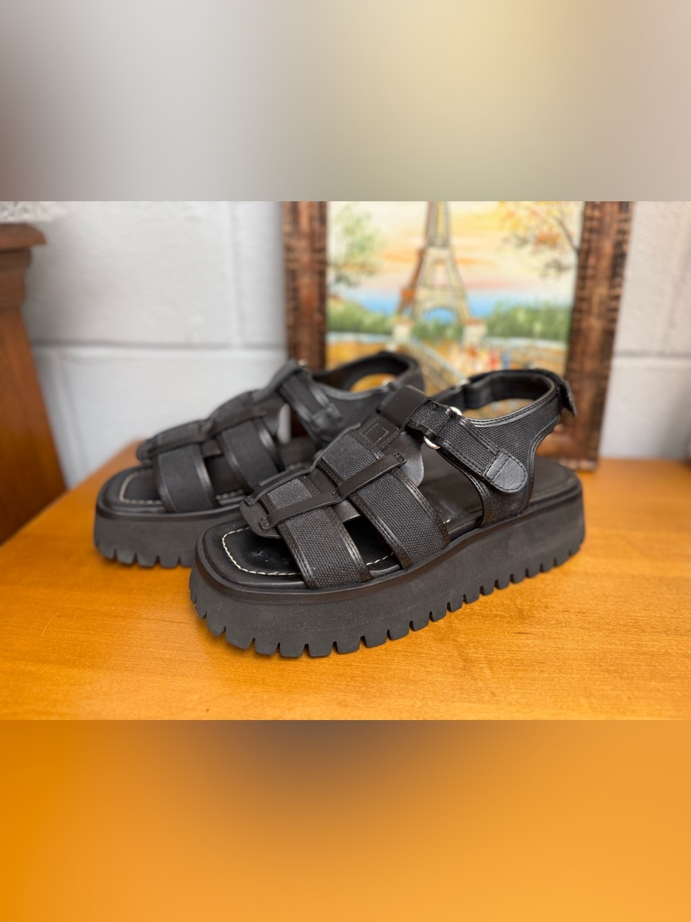 Labucq Fisherman Style Boomer Black Leather & Canvas Platform Sandals Size 38